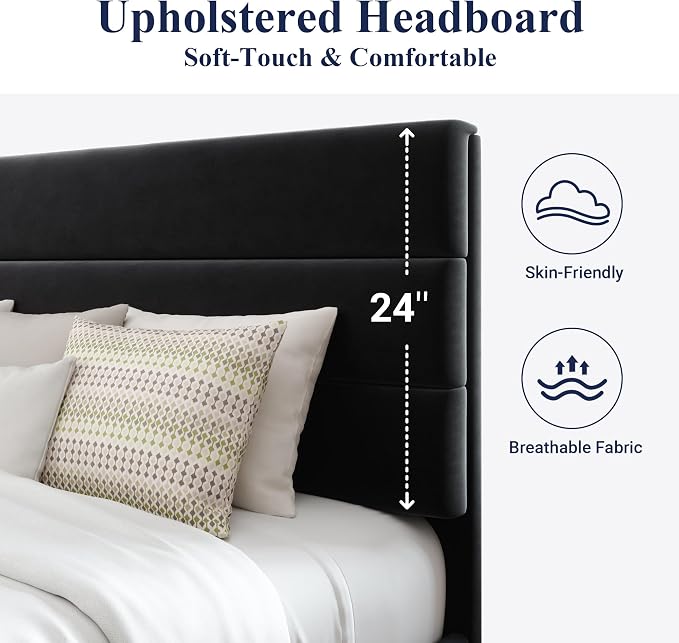 Allewie Full Size Platform Bed Frame with Velvet Upholstered Headboard | Wooden Slats Support, Fully Upholstered Mattress Foundation, No Box Spring Needed, Easy Assembly, Noise-Free, Black