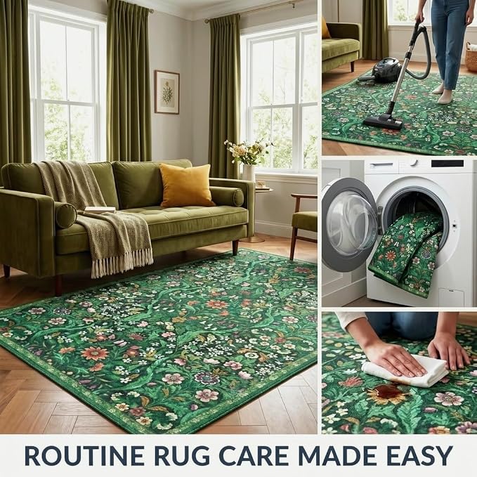 Dark Green Boho Rug 5x7, Living Room Vintage Non-Slip Rugs, Washable Floral Rug, Non-Slip Botanical Carpet for Bedroom Stain Resistant for Dining Room, Office, Home Decor