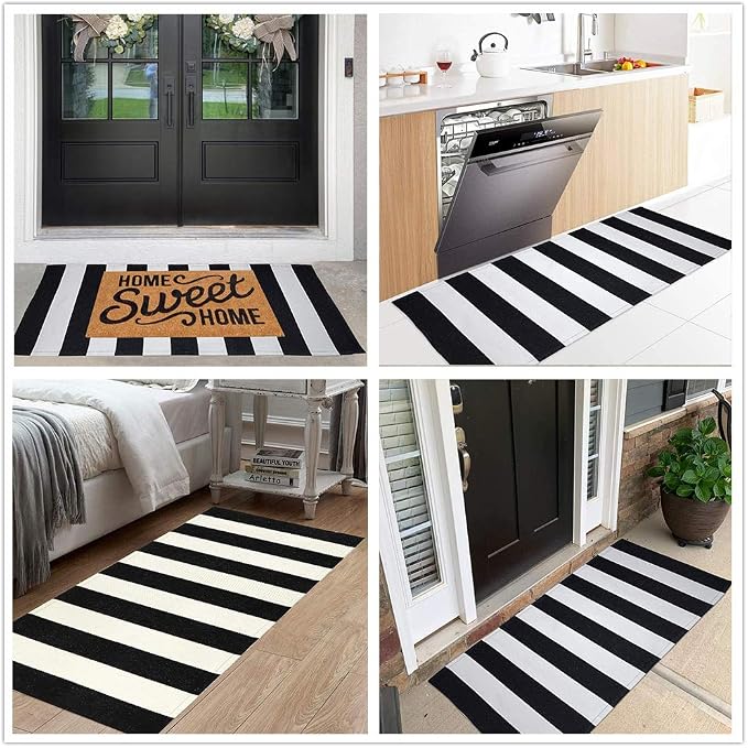 KaHouen Black and White Striped Rug (23.6 x 51.2 Inches), Striped Layering Mats, Handmade Woven Indoor Outdoor Doormats Striped Rug for Kitchen/Laundry/Bathroom/Living Room