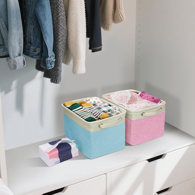 BALEINE 3 Pack Fabric Closet Storage Bins for Shelves, Linen Closet Organizers and Storage, Decorative Baskets for Organizing, Shelf, Clothes, Home, Office (Pink, 12"x8"x8")