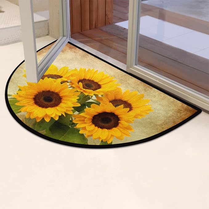 Pardick Half Round Doormat Retro Flower Sunflower Non-Slip Half Circle Area Rug Durable Washable Runner Mat for Living Room Bedroom Indoor Outdoor Kitchen Floor Home Decor Half Moon Rug