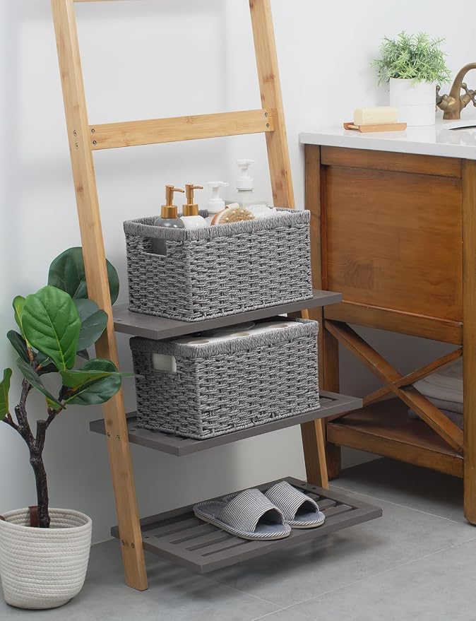 StorageWorks Wicker Storage Baskets,Gray Baskets for Storage,2-Pack | Paper Rope Wicker Storage Baskets for Shelves,Rectangular Wicker Baskets with Handles,Handwoven Grey Baskets,Woven Baskets