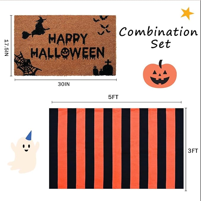 Halloween Decor Doormat Combo Set, 100% Coco Coir Welcome Mat + 3' x 5' Orange and White Striped Rug - Halloween Fall Front Porch Entryway Decor Floor Mat, Outdoor Autumn Mats Happy Halloween