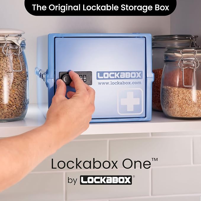 Lockabox One™ | Premium Medicine Lock Box | Medium Medication Lock Box With Code For Medicines, Vitamins & Supplements | External Size 12 x 8 x 6.6 inches (Medi Blue)