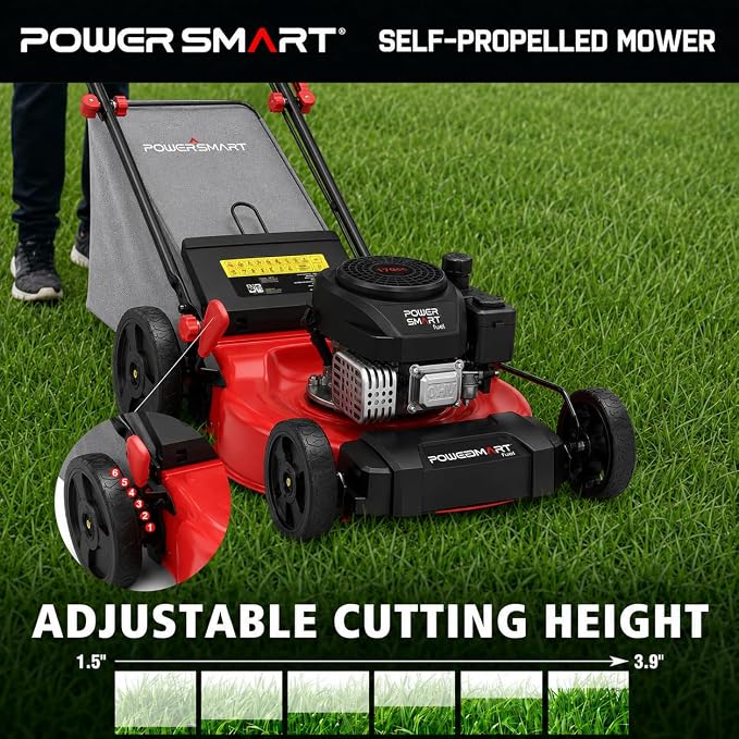 PowerSmart 21-Inch Gas Self-Propelled Lawn Mower | 170cc OHV Engine, Reinforced Steel Deck, 3-in-1 Bagging/Mulching/Rear Discharge, 6 Cutting Heights (1.5"–3.9")