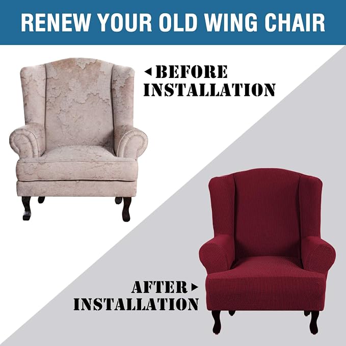 H.VERSAILTEX Wing Chair Slipcover Chair Covers for Wingback Chairs Wingback Chair Covers Slipcovers 1 Piece Stretch Sofa Cover Furniture Protector Soft Spandex Jacquard Checked Pattern, Burgundy Red