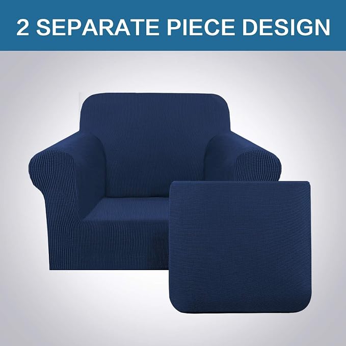 H.VERSAILTEX Stretch Chair Covers Armchair 2 Piece Chair Covers for Living Room Furniture Cover Suit for T Cushion/Box Cushion, Spandex Jacquard Fabric Small Checks(Armchair-Standard, Navy)
