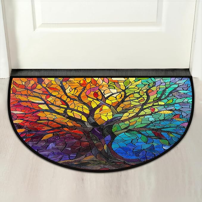 Tree Half Round Doormat Non-Slip Semi Circle Rug Half Moon Mat | Color Stained Glass Washable Soft Absorbent Indoor Outdoor Entrance Kitchen Bathroom Sink Patio Welcome Fireplace Floor Rug