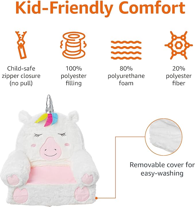 Amazon Basics Children's Plush Toddler Chair for Bedroom, Easy to Clean, Unicorn, Medium, Multicolor
