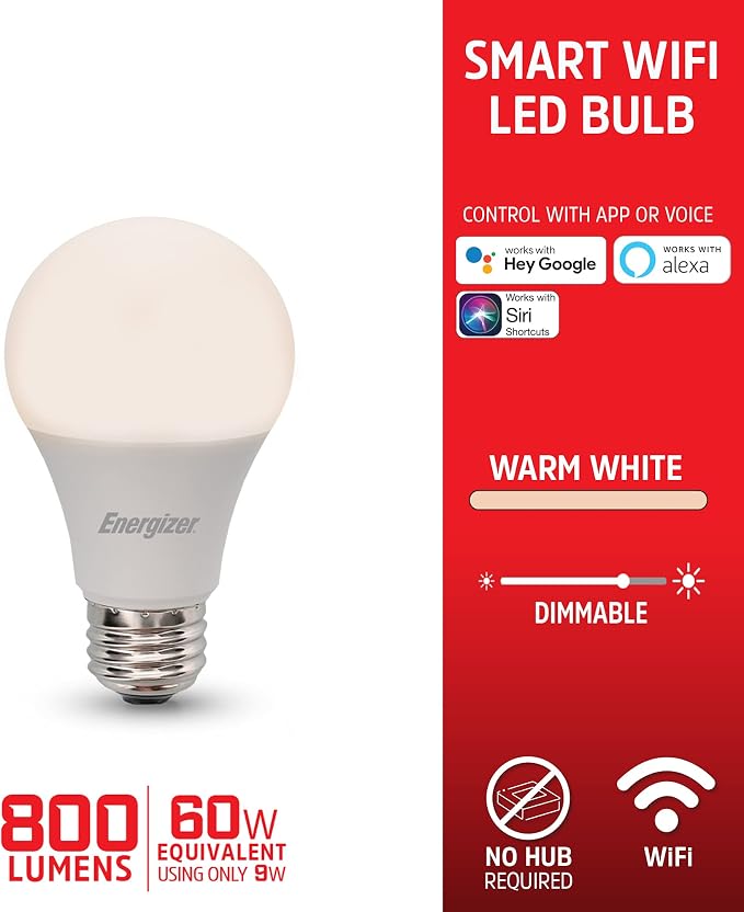 XTREME Energizer Smart Wi-Fi LED Light Bulb, Warm White, 60W, 800 Lumens, Compatible with Alexa, Google Assistant and Siri, Control from Anywhere with App, Custom Schedules, 2-Pack