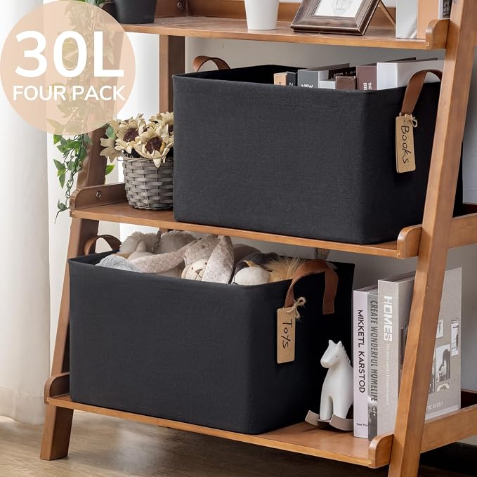 CHICVITA 4-Pack Fabric Storage Baskets for Shelves, Metal Frame, Black | 16 ¾" L x 11" W x 9 ¾" H, Collapsible Design, Clothes, Toys & Towel Storage, Bedroom & Living Room Organization