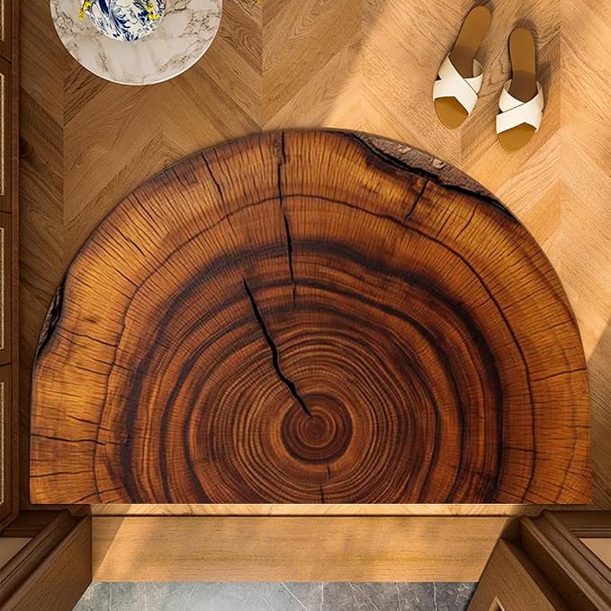 Wood Grain Brown Half Round Door Mat Non Slip Washable Semi Circle Area Rug,Absorbent Soft Doormat for Front Door Entryway,Heavy Duty Welcome Mat with Rubber Backing,Floor Mat for Garage Pet 17"x30"