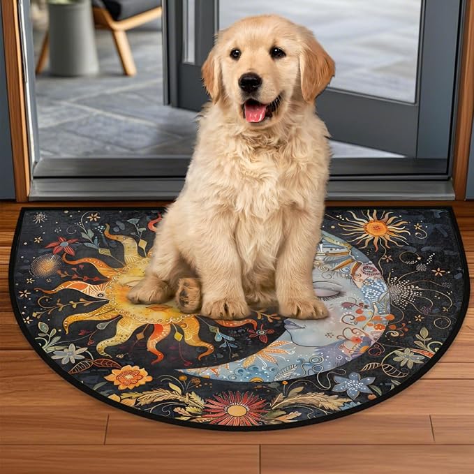 Sun Moon Half Round Doormat Semi Circle Rug Half Moon Rug Entryway Mat | Ethnic Washable Non Slip Outdoor Floor Rug Kitchen Mat for Indoor Outdoor Bathroom Fireplace Bath Decor