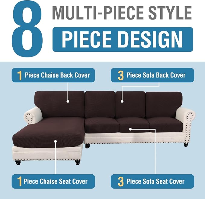 H.VERSAILTEX Sectional Couch Covers 8 Pieces Stretch Sofa Covers for Sectional Sofa Set Separate L Shaped Couch Cover for Both Left/Right Couch (Seat and Back: 1 Chaise + 3 Sofa, Chocolate)