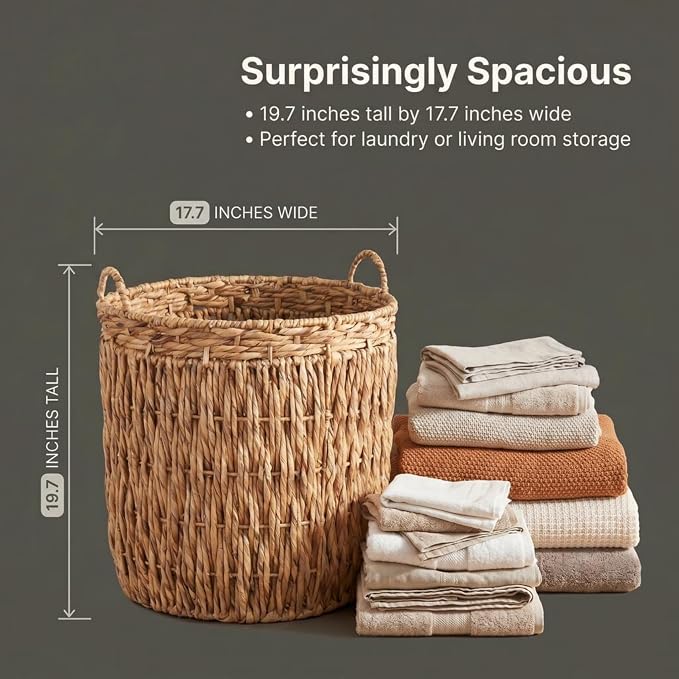 Household Essentials Tall Wicker Floor Basket, Woven Decorative Basket with Handles, Handmade, Great for Laundry and Storage, Natural