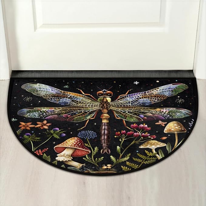 Half Round Doormat Animal Dragonfly Flower Non Slip Half Circle Area Rugs Indoor Washable Half Moon Rug Semi Circle Bathroom Runner Mat Entrance Floor Carpet for Kithen Bedroom Fireplace Decor