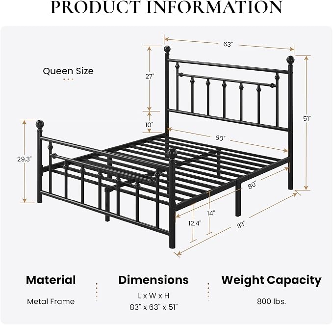SHA CERLIN 14" Queen Size Metal Platform Bed Frame/Victorian Headboard and Footboard/Steel Slats Mattress Foundation for Storage/No Box Spring Needed/Noise Free/Black