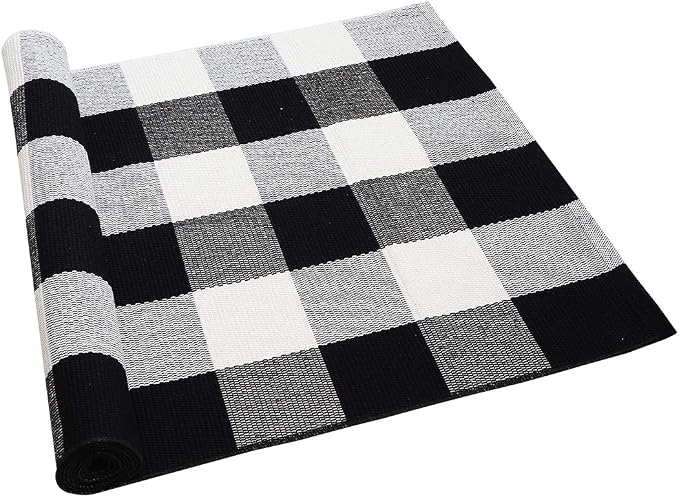 uxcell Buffalo Check Rug,Plaid Outdoor Rug,Layered Door Mat,Cotton Gingham Rugs,Floor Mat for Front Porch/Runner/Bedroom/Kitchen/Farmhouse 71"x24" Black & White