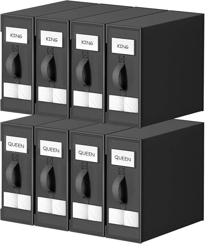 DIMJ Bed Sheet Organizers and Storage 8 Pack - Foldable Sheet Holder, Linen Closet Organizer Box for Sheets Set, Bedding, Blankets, Towel (King & Queen Size)