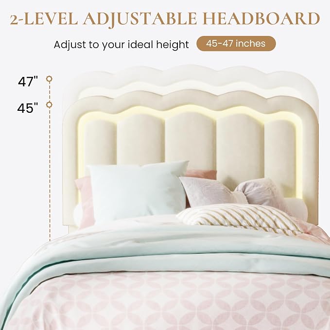 SHA CERLIN Twin Size Bed Frame with LED Lights and Storage Drawer, Cream | Upholstered Velvet Platform Bed with Adjuatable Wavy Headboard, Noise-Free, Easy Assembly,No Box Spring Needed