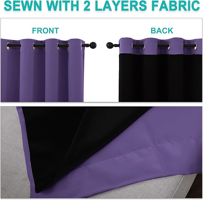 NICETOWN 100% Blackout Blinds, Laundry Room Decor Window Treatment Curtains for Large Patio Sliding Door, Thermal Insulated Lilac Purple Curtains for Bedroom, Set of 2, 70 inches x 108 inches