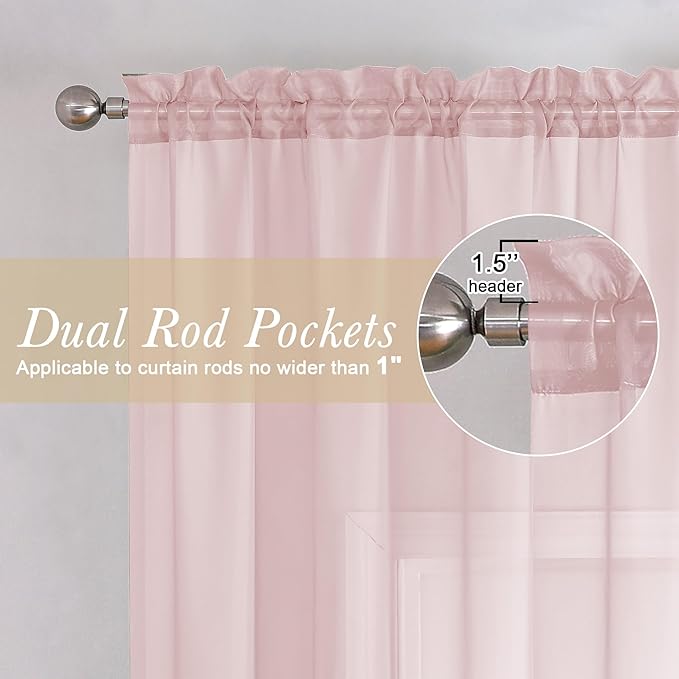 Lecloud Blush Pink Sheer Curtains 96 Inches Long 2 Panels, Modern Airy Voile - Image 5