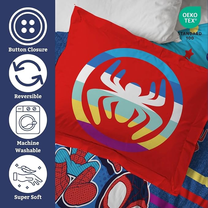 Jay Franco Duvet Cover Set – 3 Piece Comforter Cover and Sham Set, Super Soft Cozy Kids Bedding (Insert Not Included) Blue - Spidey & Friends, Full