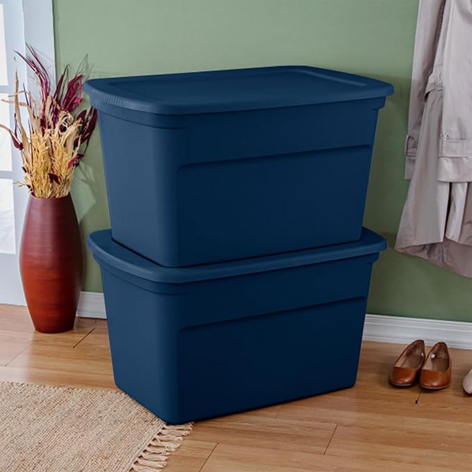 Sterilite Tote, Plastic Storage Bins with Snap Lids, 30 Gallon, 24-Pack | Marine Blue - Stackable Home Organizers with In-Molded Handles for Bedroom, Garage, Basement and Attic