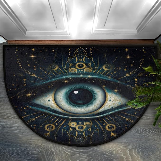 Evil Eye Bohemian Half Round Doormat Washable Semi Circle Area Rug Non Slip Absorbent Half Moon Rugs for Indoor Outdoor Kitchen Bathroom Bedroom Living Room Fireplace Floor Carpet Decor