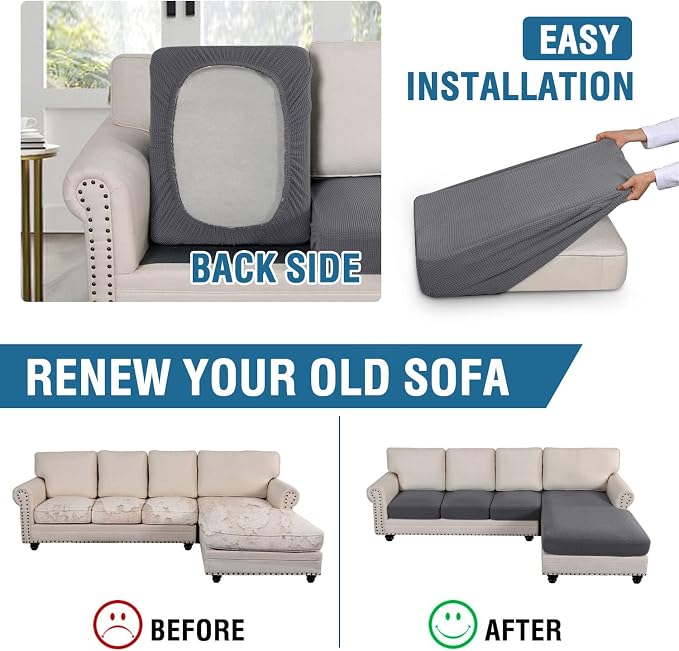 H.VERSAILTEX Sectional Couch Covers 4 Pieces Sofa Seat Cushion Covers L Shape Separate Cushion Couch Chaise Cover for Both Left/Right Sectional Couch (Seat Only: 1 Chaise + 3 Sofa, Grey)
