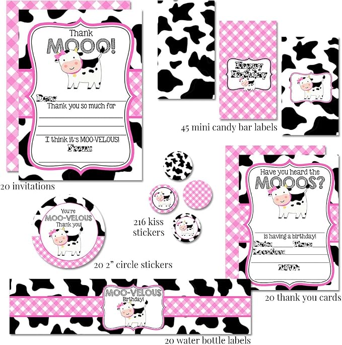 Amanda Creation Deluxe Heard the Moos Pink Cow Birthday Party Bundle Includes 20 Invitations & Thank You Cards with Envelopes + Stickers, Mini Candy Bar Wrappers, & Water Bottle Labels!
