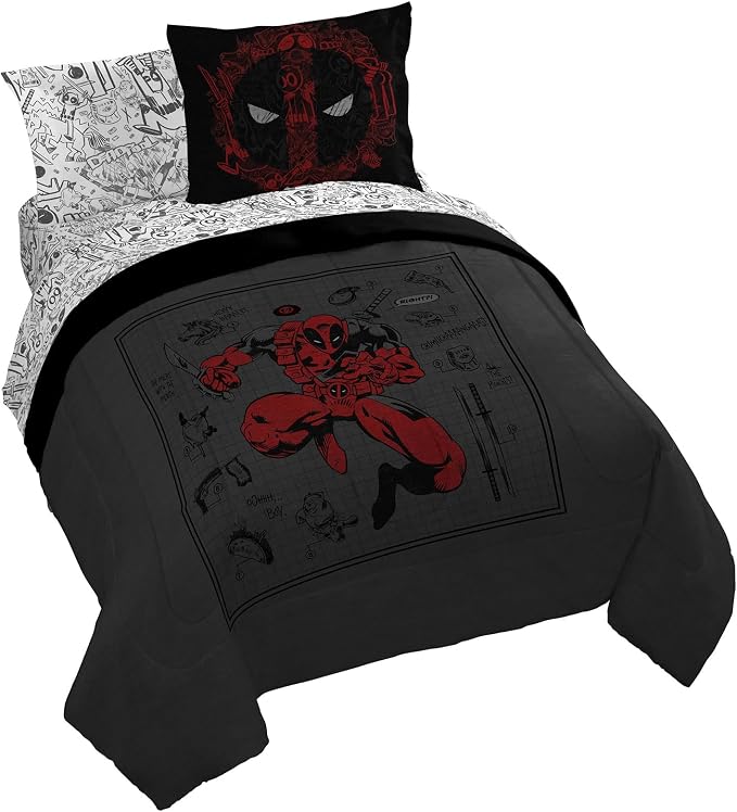 Marvel Deadpool Queen Comforter Set 7 Piece Bedding for Boys, Gray | Bed in a Bag, Comforter Sheets Shams Pillowcases, Official Product, Soft Microfiber, Machine Washable, Boys Gift