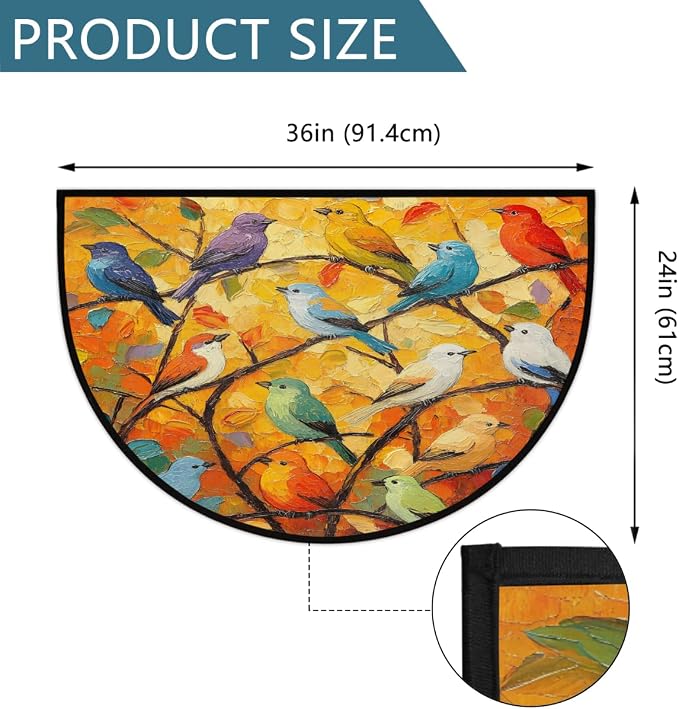 Pardick Half Round Door Mat Oil Painting Bird Anti-Slip Semi Circle Rug 24X36 Entrance Welcome Mats Indoor Outdoor Door Mat, Washable Decorative Floor Mats for Kitchen Bathroom Hearth Fireplace
