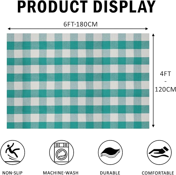 SEEKSEE Buffalo Plaid Rug 4' x 6' Light Blue and White Large Front Door Mat, Layering Area Rug, Spring Summer Rug for Outdoor Patio Entryway Indoor Living Room Kitchen Dining Room Decor
