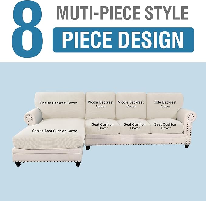 H.VERSAILTEX Sectional Couch Covers 8 Pieces Stretch Sofa Covers for Sectional Sofa Set Separate L Shaped Couch Cover for Both Left/Right Couch (Seat and Back: 1 Chaise + 3 Sofa, Ivory)