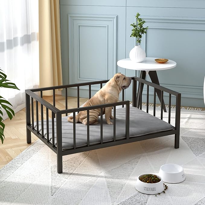 OSCHF Dog Bed with Rails - Elevated Pet Metal Bed Frame with Solid Wood Board and Washable Soft Mat for Medium Dog Indoor or Outdoor Use, 25.2" x 37.8", Black