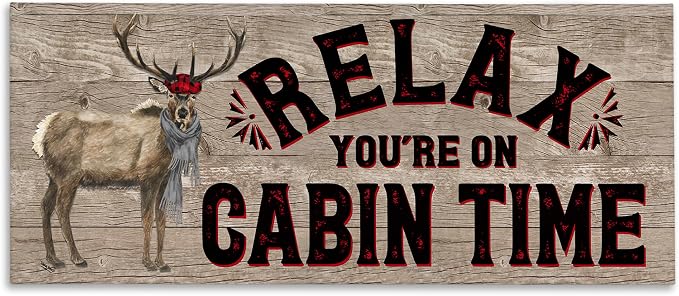 Stupell Industries 'Cabin Time Phrase with Deer', Canvas Art, 30 x 13 Inches, Easy to Hang and Sturdy, Made in USA, by Tara Reed
