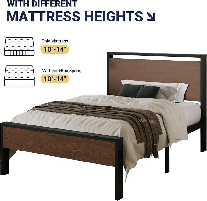 Allewie Twin Size Bed Frame, Heavy Duty 12 Metal Slats Support, Walnut | Wooden Headboard and Footboard, Modern Platform Bed, No Box Spring Needed, Under-Bed Storage, Noise Free, Easy Assembly