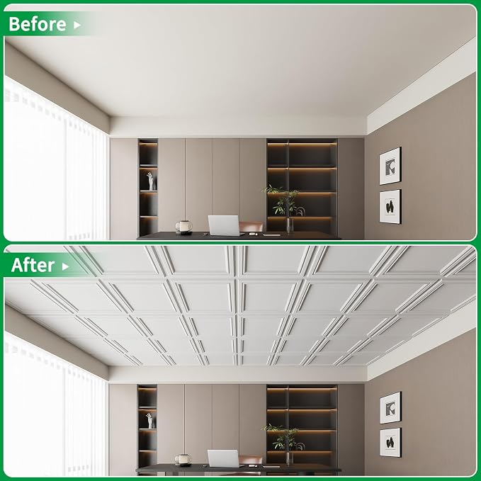 Art3d 12 Pack PVC Ceiling Tiles 24x24 Inches Waterproof Drop Ceiling Tiles/Wall Panels for Interior Wall Decor, Covers 48 Sq.,ft, Snow White | PVC, Water Resistant, Shatterproof, Fade-Resistant, Compatible with Grid System, Versatile for Living Room, B...