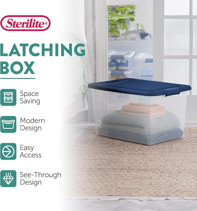 Sterilite Color Program, Large Clear Plastic Storage, 64 Quart, 18-Pack | Clear Bins with Blue Lids - Stackable Organizing Container Boxes for Closet, Bathroom, and Office