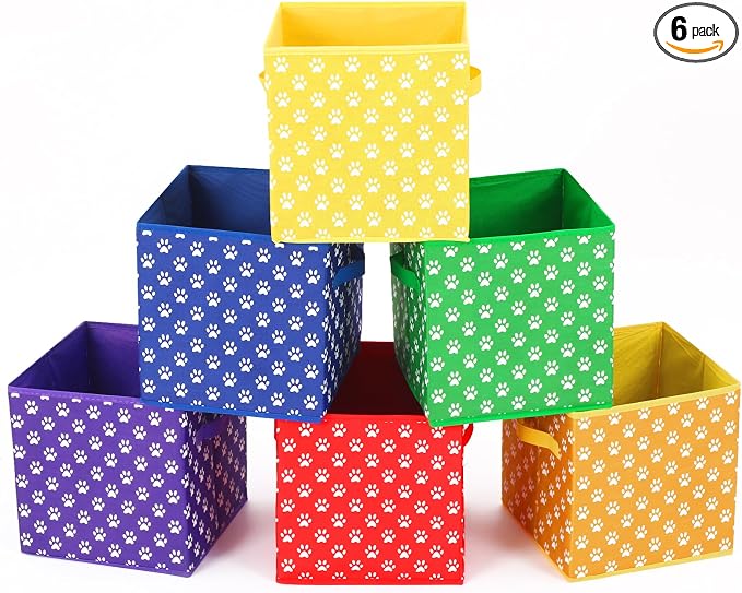 Kathfly 6 Pcs 11" Colorful Fabric Classroom Storage Bins Paw Print Themed Cubby Bins Storage Baskets with Handles for School Classroom Lost and Found Decor Office Home Organizer Supplies