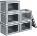Homsorout Decorative Bins with Lids - Stackable Cube Bins for Closet, 5 Pack Clear Windows Fabric Organizer Bins, Home Organizers and Storage for Clothes, CD, Towels, Grey