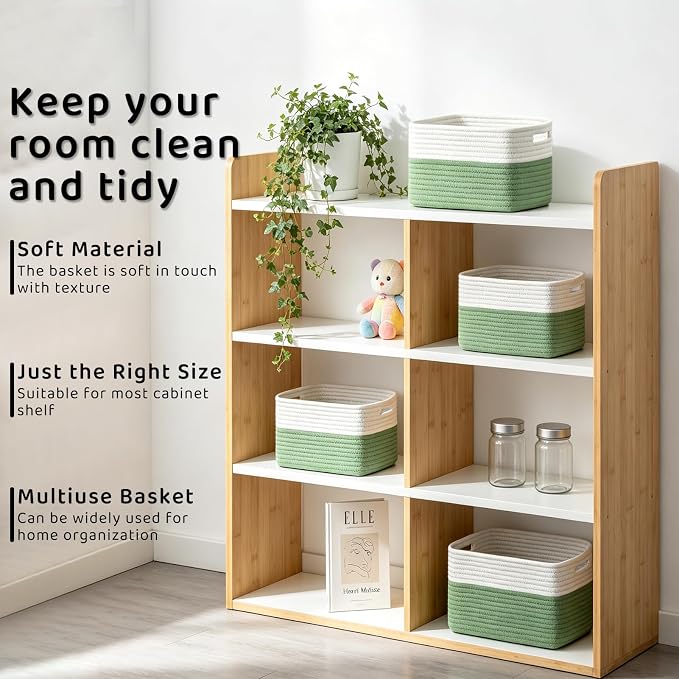 4 Pack Storage Baskets for Organizing, 11''Lx9''Wx8''H Woven Baskets for Storage Toys, Towels, Books, and Clothes, Cotton Rope Basket for Shelves with Handle