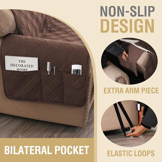 H.VERSAILTEX 100% Waterproof Chair Slipcovers Modern Oversized Chair Cover Slip Covers for Armchairs with Elastic Straps (Chair, Brown/Beige)