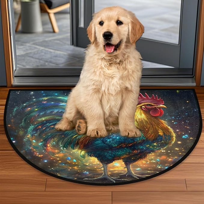Galaxy Rooster Half Round Door Mat Non-Slip Semi Circle Rug Washable Half Moon Floor Rug Absorbent Bathroom Area Rugs for Outdoor Indoor Fireplace Mat Entryway Kitchen Decor Rugs