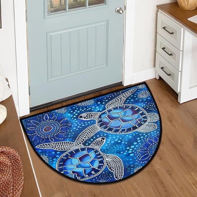 Turtle Animals Half Round Door Mat Non Slip Half Circle Rugs | Abstract Blue Washable Half Moon Rug Semi Circle Rugs Indoor Entrance Floor Carpet for Kithen Bedroom Fireplace Decor