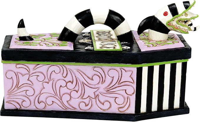 Enesco Beetlejuice by Jim Shore Coffin The Ghost with The Most Trinket Box- Resin Hand Painted Crafted Collectible Beetlejuice Sand Worm Striped Jewelry Box Halloween Home Decor Statue, 3.15 Inch
