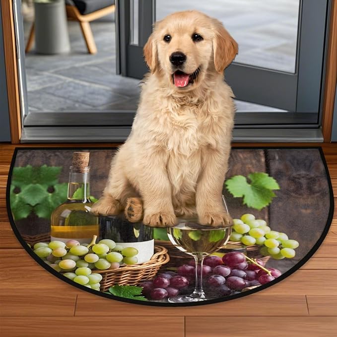cfpolar Half Round Door Mat Fruit Grapes Wine Leaves Non-Slip Semi Circle Area Rug Washable Half Moon Hearth Rugs for Indoor Outdoor Bathroom Kitchen Patio Runner Mat Laundry Room Home Decoration