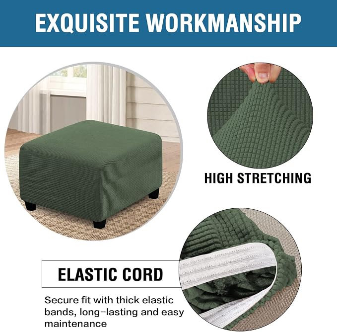H.VERSAILTEX Square Ottoman Covers Ottoman Slipcovers Folding Storage Stool Furniture Protector Form Fit with Elastic Bottom, Stretch High Spandex Small Checks Jacquard Fabric(Medium,Bronze Green)