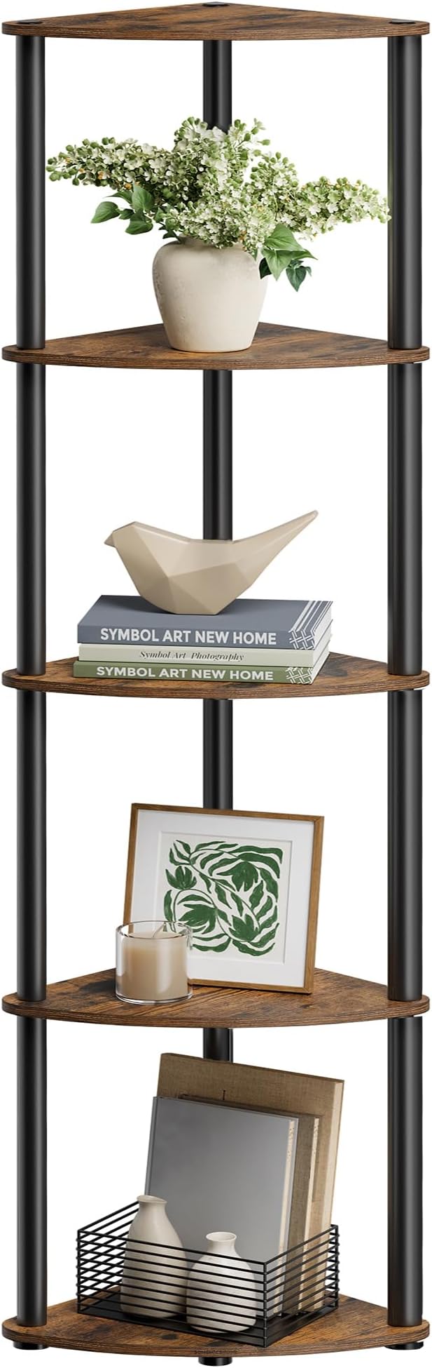 SONGMICS HOME Superfast Toolless Assembly, Corner Shelf Stand, 5-Tier Corner Standing Shelf, Living Room, Bedroom, Kitchen, 15 x 10.6 x 54.7 Inches, Rustic Brown ULBC610K01